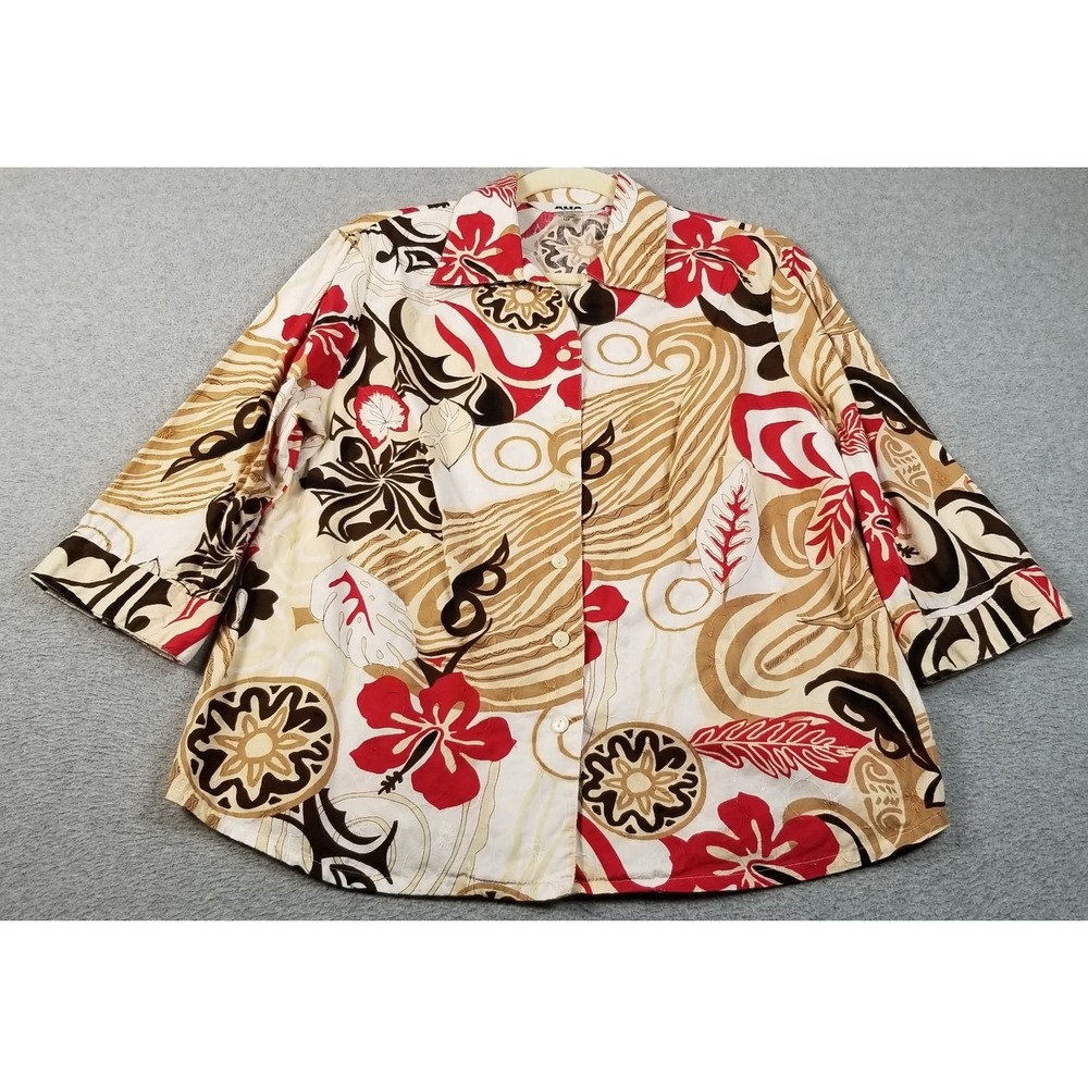 Alia Button Up Shirt Women's 12 Petite 12P Floral Leaves See Through 3/4 Sleeves